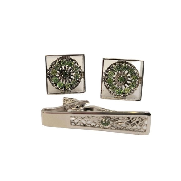 Stunning Vintage Cufflinks And Tie Pin Green Rhinestone Silvertone Alstein‎ Box - Picture 16 of 16